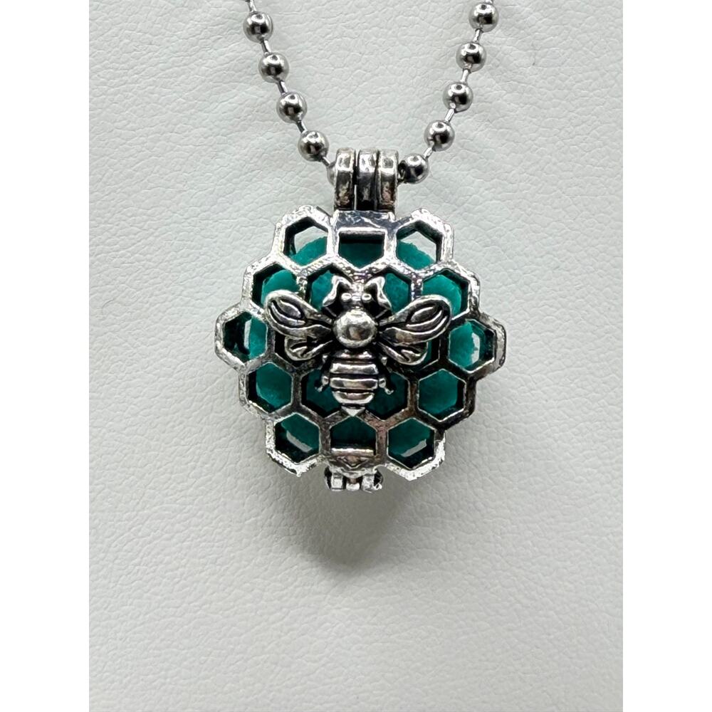 Bee Honeycomb Pendant Necklace – Silver Tone, Turquoise Detail